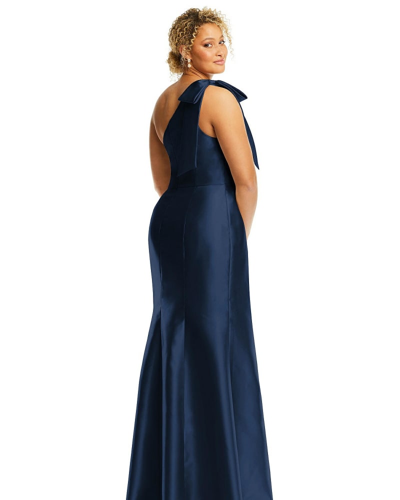 Bow One Shoulder Satin Trumpet Gown Midnight Navy